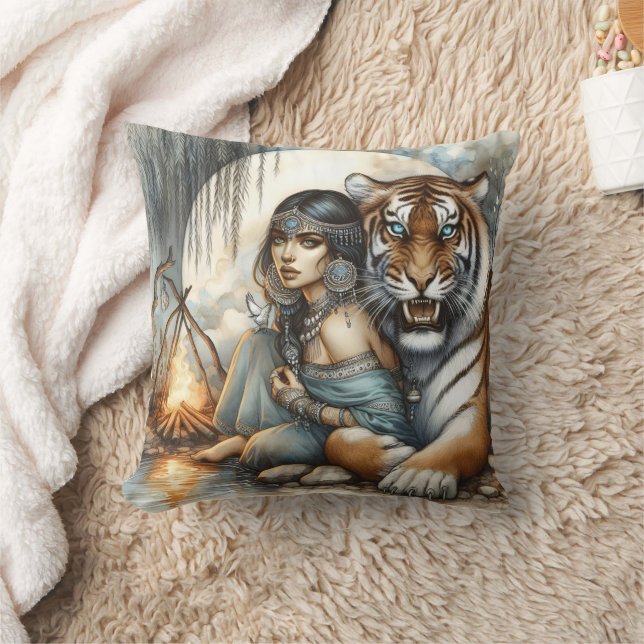 Almofada Mulher Nativa Americana Com Tiger (Cobertor)