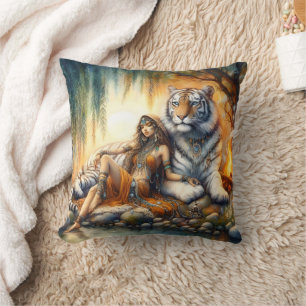Almofada Mulher Nativa Americana Relaxando Com Tigre Por Ág