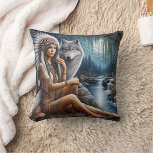 Almofada Mulher Nativa Americana Sentada ao Lado do Lobo no