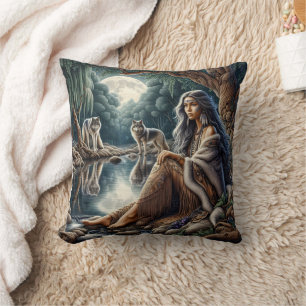 Almofada Mulher Nativa Americana Sentada com Lobos à Noite