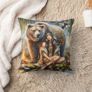 Almofada Mulher Nativa Americana Sentada Por Rio Com Urso