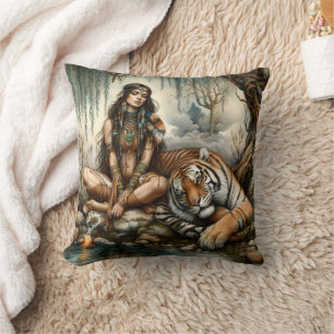 Almofada Mulher Nativa Americana Sentada por Tiger no Rio