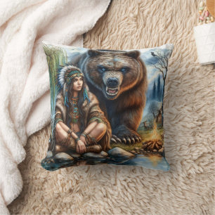 Almofada Mulher Nativa Americana Sentada Por Urso Ao Sol