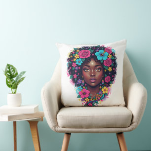 Almofada Mulher Negra com Afro Adornado com Flor Brilhante