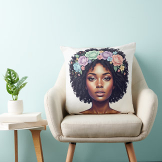 Almofada Mulher Negra com Afro Adornado com Flor Brilhante
