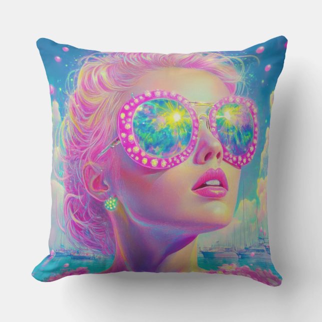 Almofada Mulher Neon Glamorosa com Óculos Espumantes (Frente)