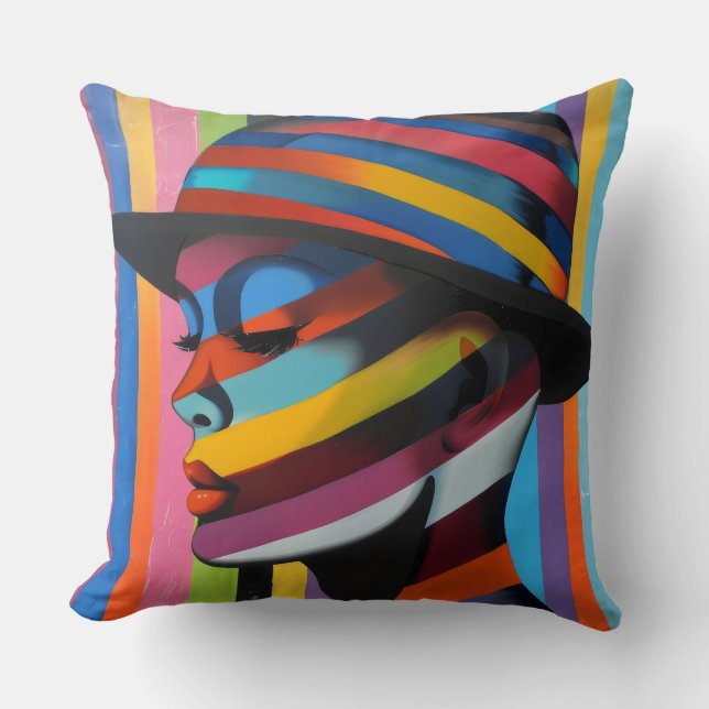 Almofada Mulher no Chapéu Colorido 3 Silhueta em greve (Frente)