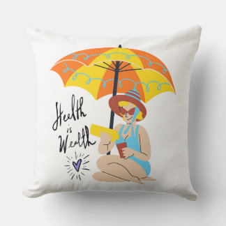 Almofada Mulher Retro Férias na Praia & Saúde é Riqueza