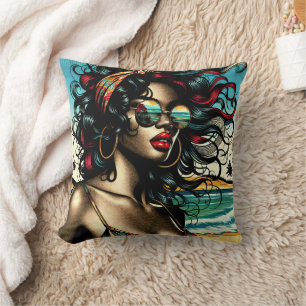 Almofada Mulher Retro na Praia em Estilo de Quadrinhos Pop