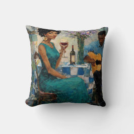 Almofada Mulher Vibrante de Jazz Arte Bistrô Azul Turquesa