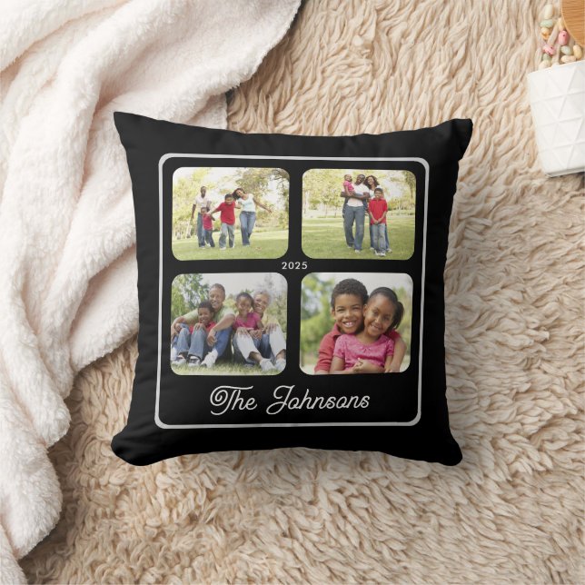 Almofada Multi Photo Family Name Elegant Calligraphy Black (Cobertor)