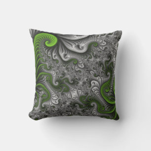 Almofada Mundo Fantasia Verde E Cinza Arte Fractal Abstrata