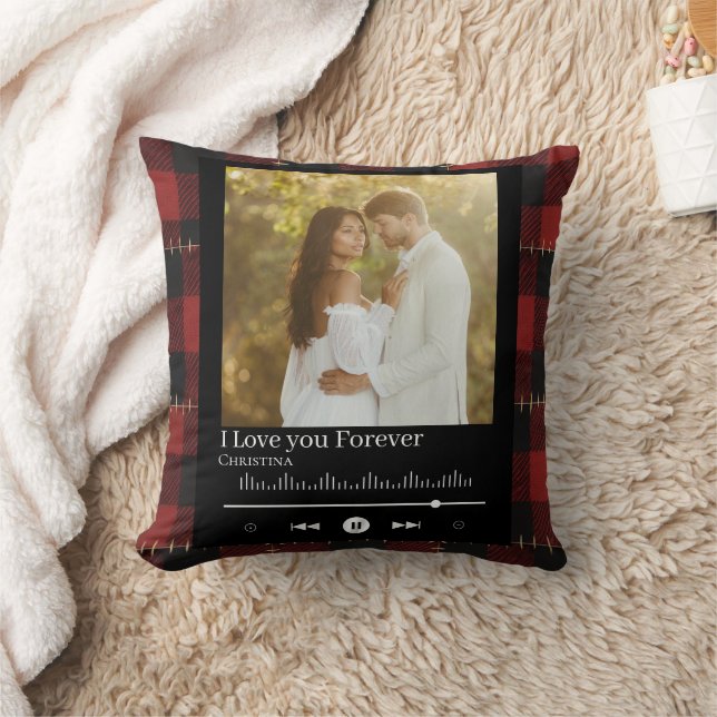Almofada Music Frame Couple Photo Red Plaid  Name & Title  (Cobertor)