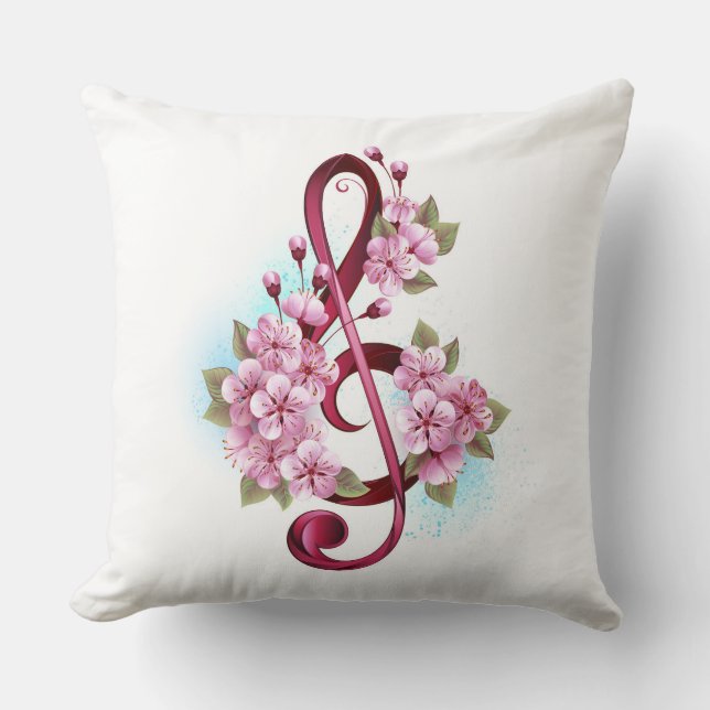 Almofada Musical treble clef notes with Sakura flowers (Frente)