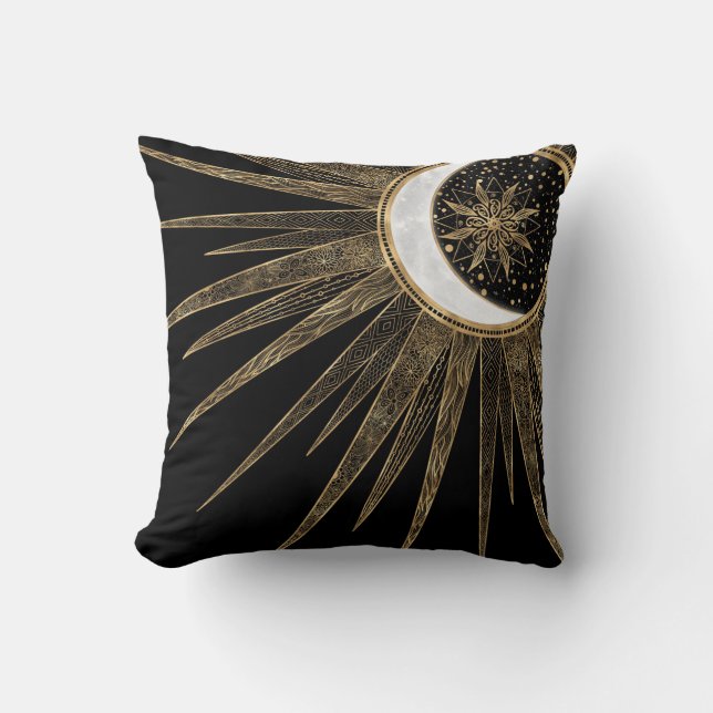 Almofada Mystic Black Dourado Sun Moon Mandala (Frente)