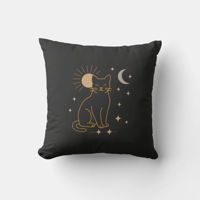 Almofada Mystic Cat Throw Pillow – Minimalist Celestial Lin (Frente)