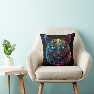 Almofada Mystic Neon Mandala Cat Psychedelic Feline Fantasy
