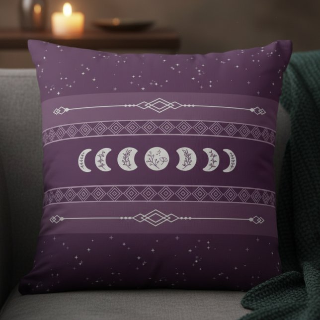 Almofada Mystical Bohemian Plum Celestial Moon Phase (Ideal for those searching for Boho, Witchy, Aesthetic, or Spiritual Wellness decor)