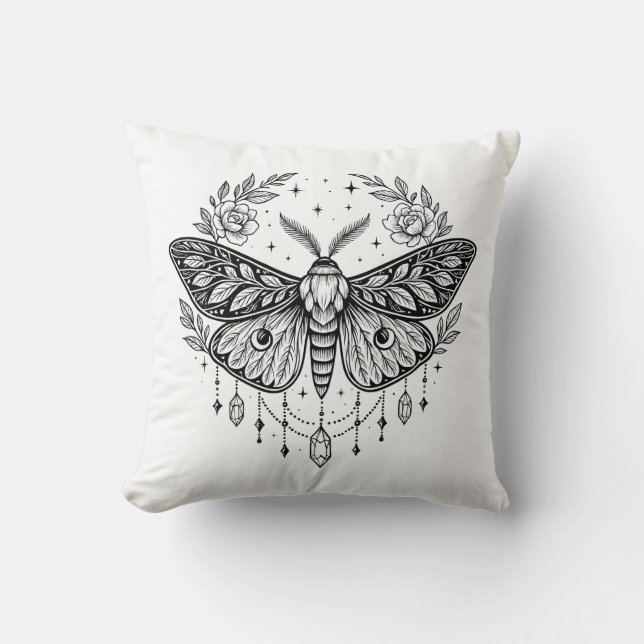Almofada Mystical Gothic Moth Botanical Celestial Line Art  (Frente)