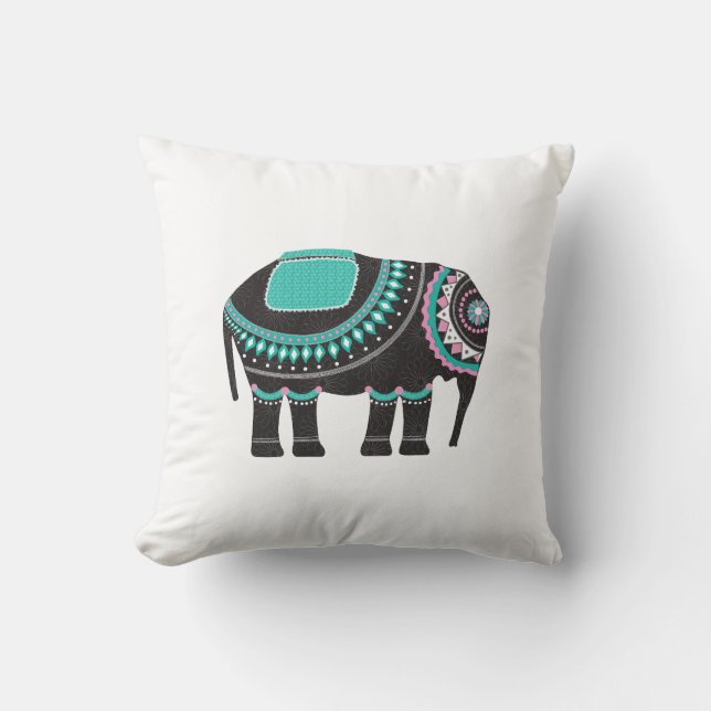 Almofada Na moda Black Ornamentado Elephant, Turquoise Colo (Frente)