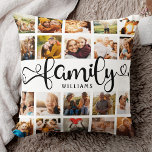 Almofada Na moda do Quic Collage do Script 20 da Família Mo<br><div class="desc">Travesseiro moderno personalizado de colagem de fotos com espaço para 20 fotos em volta de um script giro de tendências lendo FAMILY e seu nome personalizado abaixo. Esta é a versão de dois lados.</div>