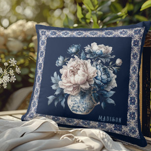 Almofada Na moda floral vase monograma de chinoiserie azul