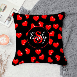Almofada na moda Vermelho padrão cardíaco no monograma pers