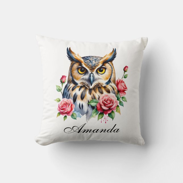 Almofada Na moda Watercolor Floral Owl (Frente)