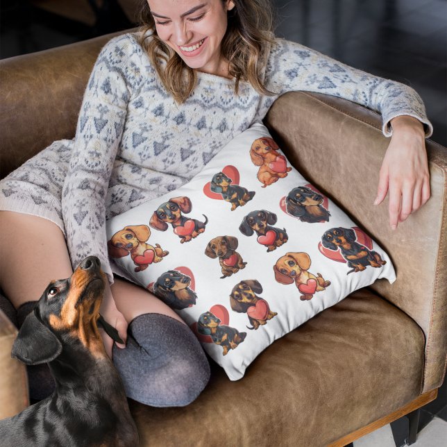 Almofada Namorados Dachshund Watercolor (Valentine Dachshund Watercolor dog heart Throw Pillow)