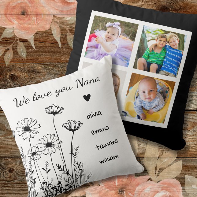 Almofada Nana We Love You Grandkids 4 Photo Collage Floral (Criador carregado)