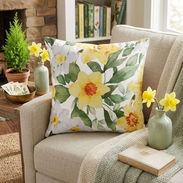 Almofada Narciso Floral Amarelo Vibrante e Branco (Vibrant Yellow and White Daffodil Floral Throw Pillow)