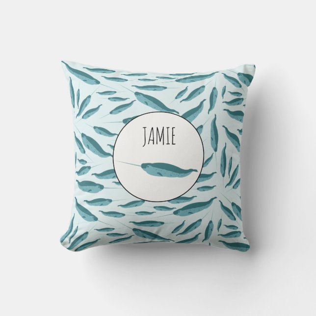 Almofada Narwhal no Padrão do Oceano Azul (Frente)