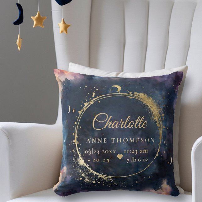 Almofada Nascimento da Lua Celestial Stats Mantém o Marinho (celestial baby birth stats keepsake throw pillow star moon cosmos galaxy boho nursery decor)