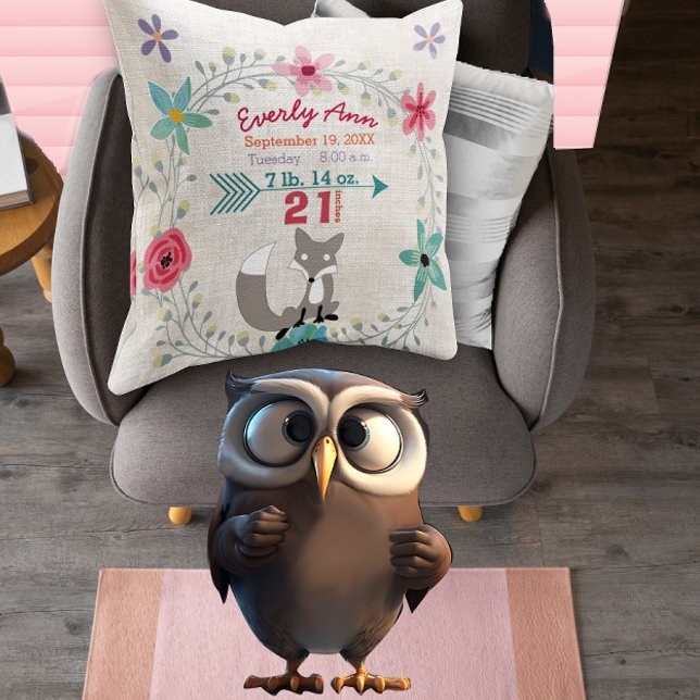 Almofada Nascimento Stats Baby Girl Woodland Cria Raposa (Criador carregado)