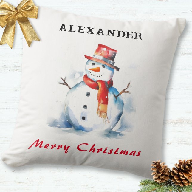Almofada Natal Alegre Boneco de Neve Caprichoso Personaliza (A personalized festive throw pillow, with snowman picture and Merry Christmas greeting)