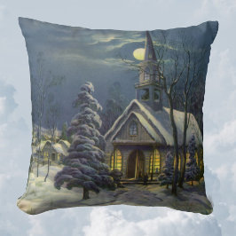 Almofada Natal Antigo, Igreja de Inverno na Neve com Lua