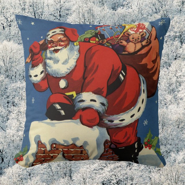 Almofada Natal Antigo, Papai Noel Descendo a Chaminé com Br (Criador carregado)