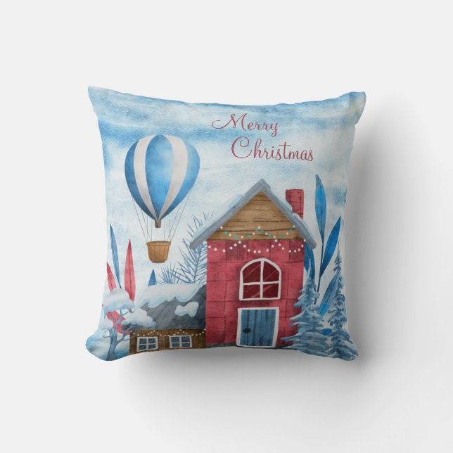 Almofada Natal Azul e Vermelho da Vila de Inverno & Animais (Frente)