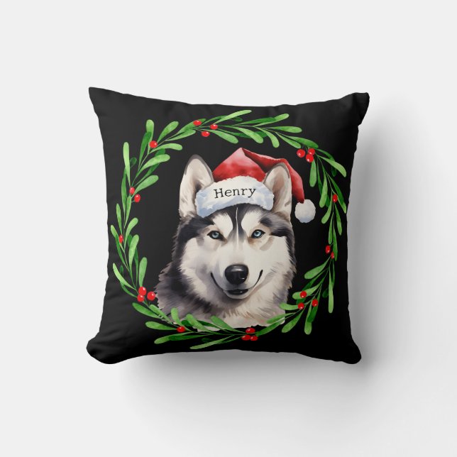 Almofada Natal Cachorro Siberian Husky Santa Hat Holiday (Frente)