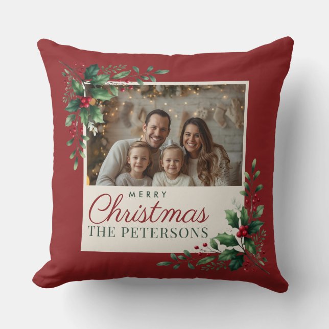 Almofada Natal Clássico Botânico Vermelho com Foto Personal (Frente)