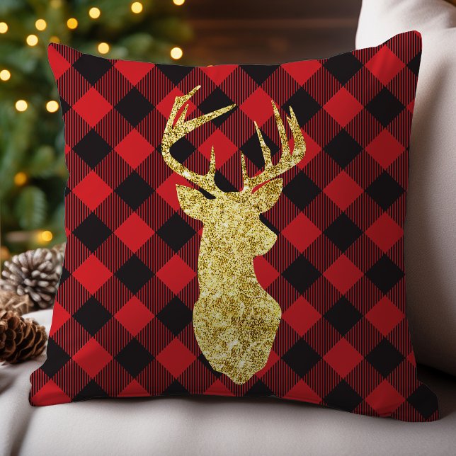 Almofada Natal com Plaid de Búfalo e Veado em Dourado (Criador carregado)