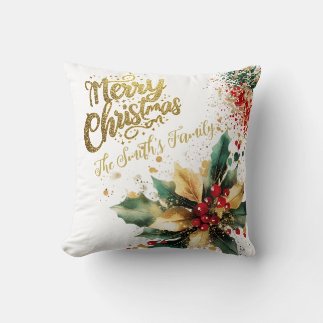 Almofada Natal de Script Dourado da Família Elegante Vermel (Frente)