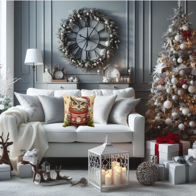 Almofada Natal divertido da coruja (Christmas throw pillow fun.)