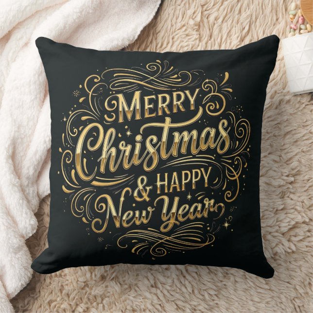 Almofada Natal e Feliz ano novo alegres e Dourados (Cobertor)