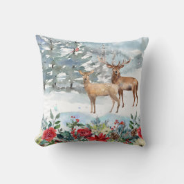 Almofada Natal em Aquarela com Cervos na Floresta