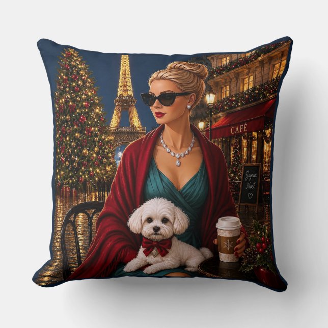 Almofada Natal em Paris,Férias do Poodle  (Frente)