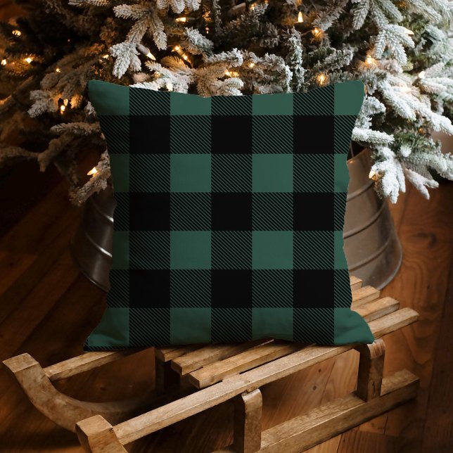Almofada Natal em Xadrez Búfalo Verde Rústico e Preto (Criador carregado)