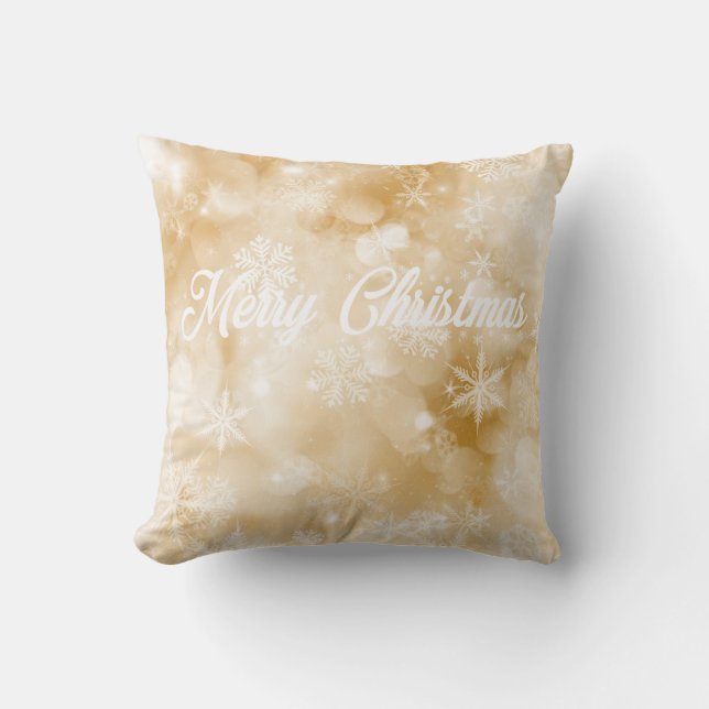 Almofada Natal Feliz Floco de Neve Dourado e Branco (Frente)