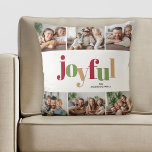 Almofada Natal Festivo Joyful Typografia Multifografia<br><div class="desc">Este alegre travesseiro decorativo de Natal com a palavra "alegre" aparecendo em vermelho,  verde e ouro vibrantes,  é desenhado num estilo lúdico. Este travesseiro de feriado festivo oferece 6 fotos quadradas e texto personalizado para você personalizar com suas fotos e seu nome favoritos.</div>