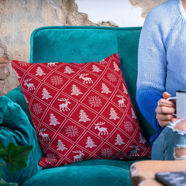 Almofada Natal Knit Moose Tree Red Winter Férias (Criador carregado)